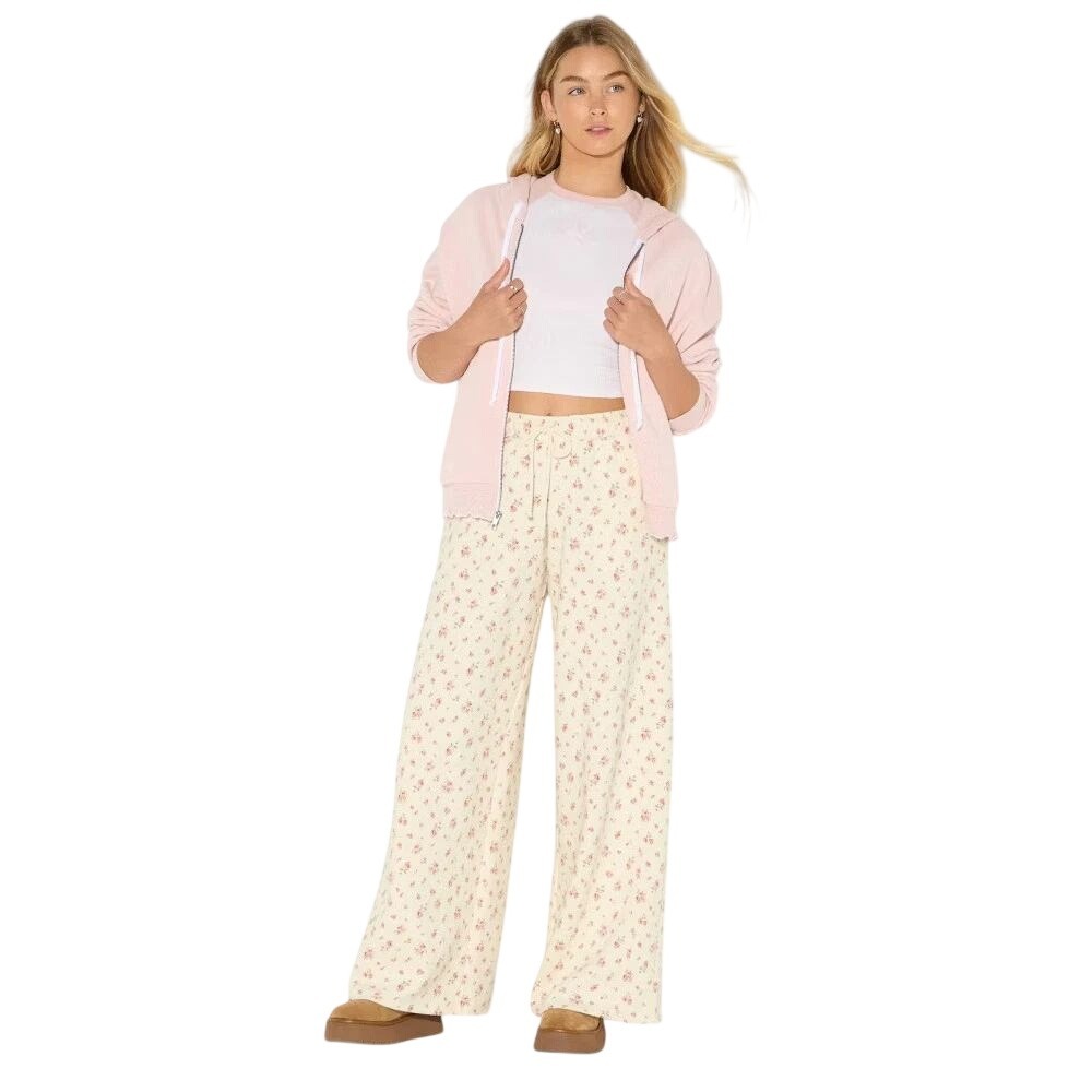 Wild Fable Women's Cream Floral Low Rise Super Wide Leg Pull On Pants Size XL